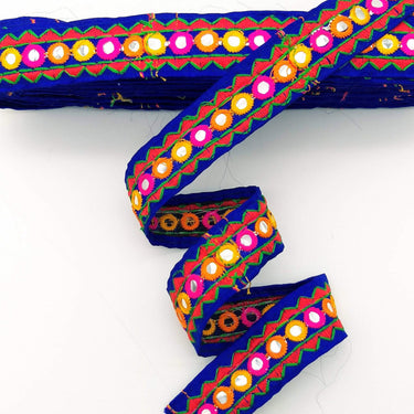 Royal Blue And Red Indian Mirror Trim Kutch Embroidered Navratri Garba Dress Trim Bridal Lace, Sari Border 30 mm Wide Trim Per 3 Yards